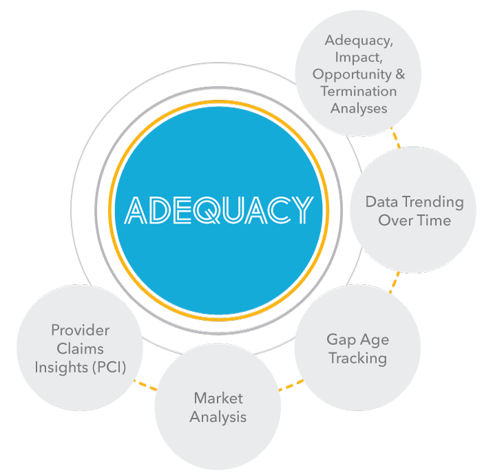 Network Adequacy Tool Process: Adequacy, Impact, Opportunity and Termination Analysis. Data Trending Over Time. Gap Age Tracking. Market Analysis. Provider Claims Insights (PCI).