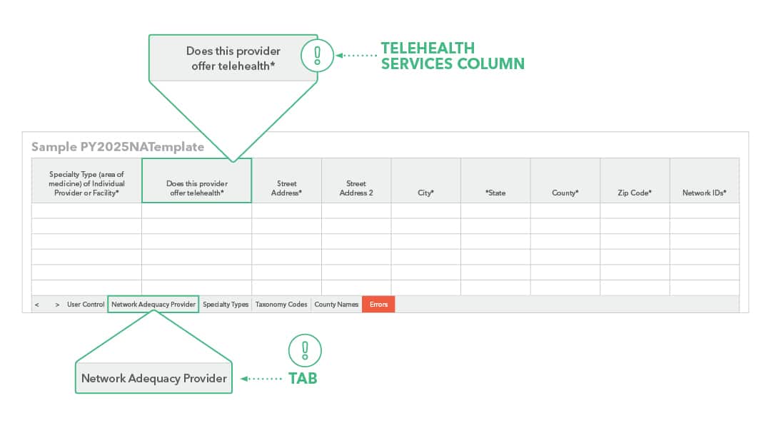 PY2025 NA Template for QHP Application - Network Adequacy Provider Tab Telehealth Services Column