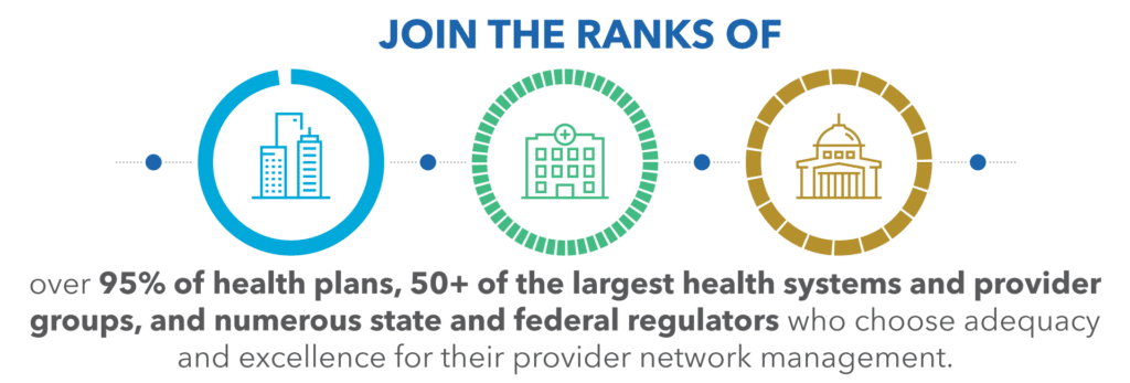 Join the ranks of over 95% of health plans, 50+ of the largest health systems and provider groups, and numerous state and federal regulators who choose adequacy and excellence for their provider network management.