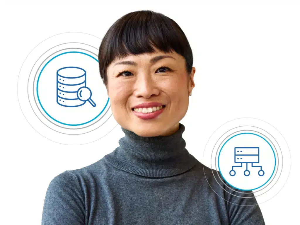 Person on white background with a couple of icons representing platform and third-party data partners